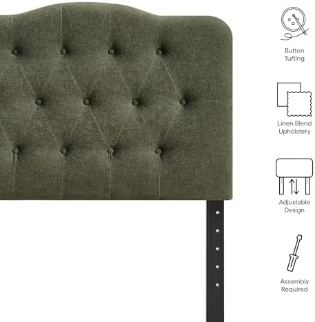 Modway Annabel Premium Linen Blend Twin Headboard in Sage - Soft Fabric Headboard Only with Diamond Button Tufting and 7 Height-Adjustable Positions