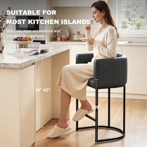 26" H Counter Height Bar Stools Set of 4, Modern Barrel Counter Stools with Backrest and Arms, Faux Leather Upholstered Accent Barstools for Kitchen Island,Support 450 LBS (Black)