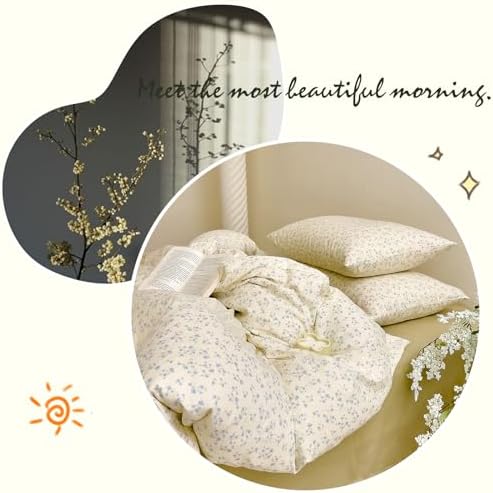 HighBuy Soft Cotton Muslin Duvet Cover Queen,Vintage Blue Floral Comforter Cover with 2 Pillow Cases,100% Cotton Gauze Cottagecore Bedding Quilt Cover Set 3 Piece Bedding Set, Soft Lightweight