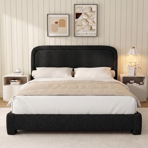 WEUP Queen Size Boucle Bed Frame, Upholstered Cloud Bed Frame with Adjustable Headboard, Soft Rounded Corners, No Box Spring Required, Easy Assembly, Black