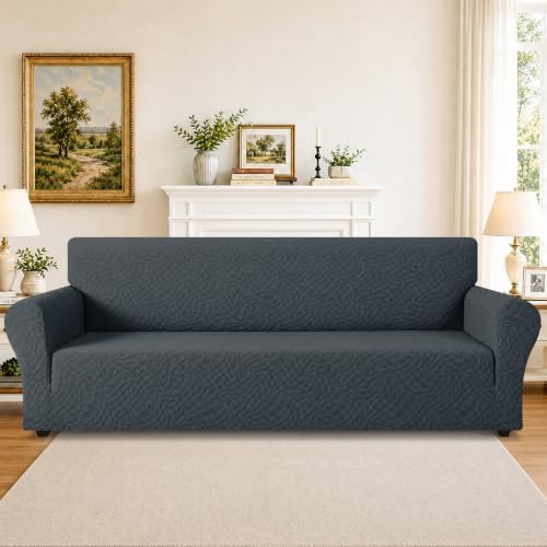 ZNSAYOTX 1 Piece Stretch Oversized Sofa Covers (91"-112"), New Plaid Couch Cover with Non-Slip Buckle for Dog Pets, Ultimate Soft Cozy Washable X-Large Sofa Slipcover Form Fit Protector, Dark Grey