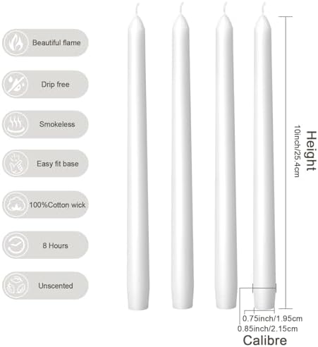 Everymoment White Taper Candles - 36 Pack 10 Inch Candlesticks - Dripless & Smokeless for 8 Hours - Unscented Paraffin Wax - Perfect for Wedding Christmas Halloween Holiday Dinner Table & Home Decor