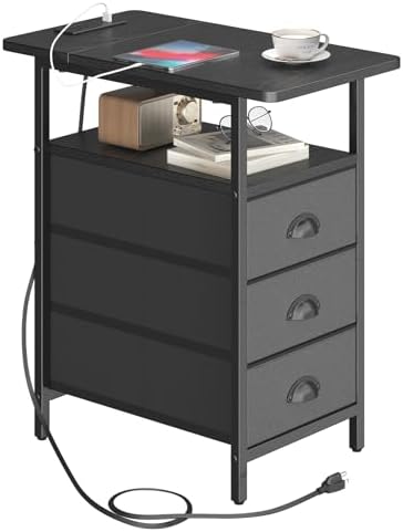 sthmec End Table with Charging Station, Side Tables Livingroom with USB Ports and Outlets,Narrow Nightstands Bedside Tables with 3 Drawers PU Finish for Small Space,Slim Sofa Table Bedroom,Black
