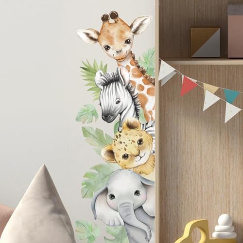 44.88x 15.75 Inch Watercolor Animal Wall Decals Jungle Animal Wall Stickers Tiger Elephant Giraffe Removable Peel and Stick Wall Decals for Nursery Playroom Bedroom Classroom Kindergarten Wall Decor