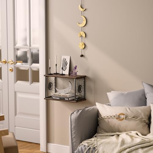 Floating Nightstand Wall Mounted - Natural Solid Wood Night Stand, Bedside Table 2 Tier Shelf, Modern Metal Celestial Side Floating Shelves Decor for Living Room Bedroom