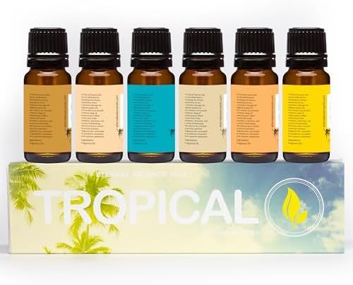 Eternal Essence Oils Tropical Set of 6 Premium Fragrance Oils - Includes Coconut Cream, Bay Rum, Pina Colada, Tahitian Vanilla, Ocean Breeze, and Pineapple Scented Oils - 10ML