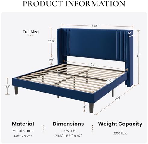 SHA CERLIN Full Velvet Upholstered Bed Frame, Wingback Headboard, Blue