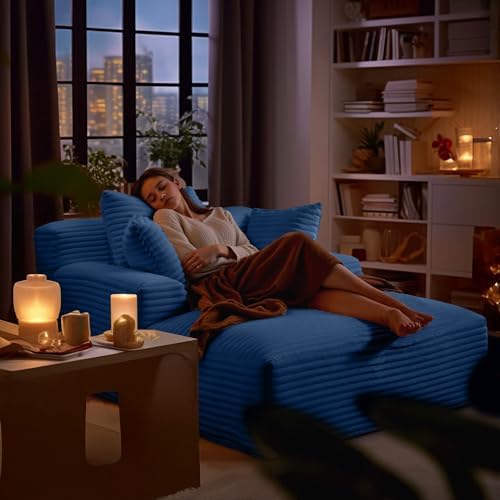 66" Chaise Lounge Chair Indoor, Corduroy Upholstered Reading Chair Oversized Boneless Chair with Deep Seat, Cloud Lounge Chair with 3 Pillows for Living Room, Bedroom, No Assembly Required
