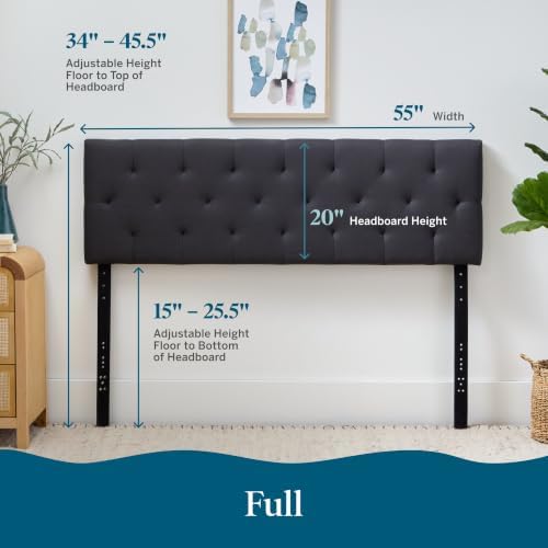 LUCID Mid-Rise Upholstered Headboard, Tufted, Charcoal, Full/Full XL Size
