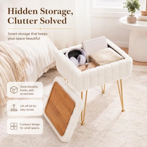16.5" Faux Mink Fur Storage Ottoman Soft Footstool Vanity Chair Metal Legs