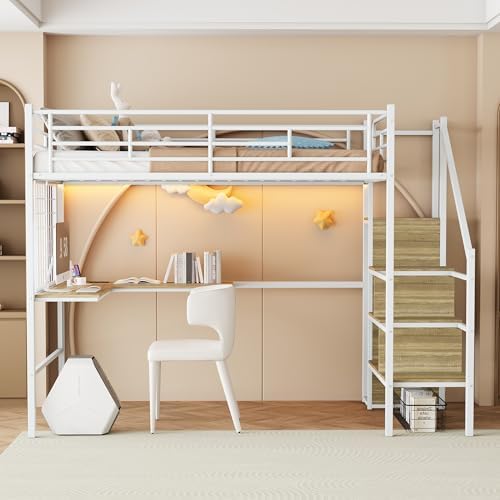 Twin Size Metal Loft Bed with Reversible Stairs & L-Shaped Desk
