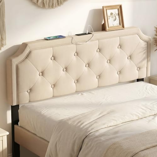 GIANTEX Headboard with Charging Station, Queen/Full Size Diamond Tufted Upholstered Head Board w/2 AC Outlets, USB & Type-C Port, Rubber Wood Legs, Width Adjustable Modern Bed Headboard Only (Beige)