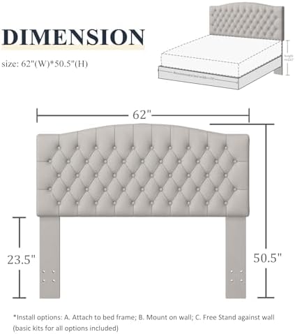 Furpopup Velvet Queen Size Headboard Only Upholstered Wall Mount Light Gray