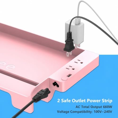 Hiree Bedside Shelf for Dorm Bunk Bed with USB Charging Port and 2 AC Outlets, Bed Side Table Tray Organizer, College Dorm Essential, Clip On Bedside Tray, Cool Teen Girls Trendy Stuff (Pink)