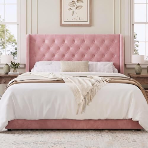 HOMBCK Full Size Bed Frame with Velvet Upholstered Headboard, Pink