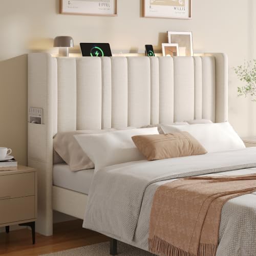 ONBRILL Full Size Headboard with Storage, LED Light, Off White
