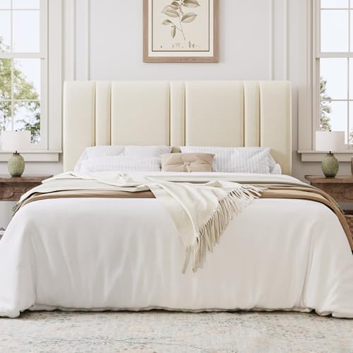 SHA CERLIN Full Size Velvet Bed Frame with Adjustable Headboard, Cream