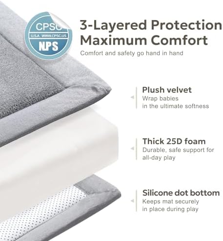Mallify Ultra Soft 1.3" Thick Baby Play Mat for Floor, Large Velvet 50"x50" Playpen Mat for Babies, Toddlers, Infants, Kids, Baby-Safe & Non-Slip for Tummy Time and Crawling, Gray