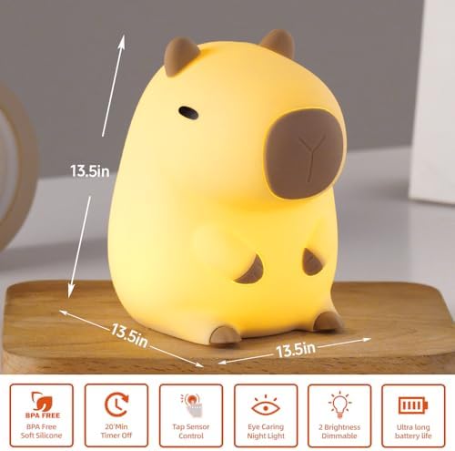 Capybara Night Light for Kids, LED Squishy Animal Night Lamp Rechargeable, Novelty Nursery Lamp Nightlight for Kids, 2 Levels Dimmable Touch Lamp for Bedroom, Home Decor Gifts Stuff for Girls Boys