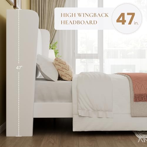 SHA CERLIN Queen Velvet Upholstered Bed Frame, Wingback Headboard, White