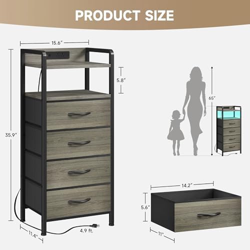 Lazzanto Nightstand with Rear Charging Station, LED Light, 4 Drawers, Grey