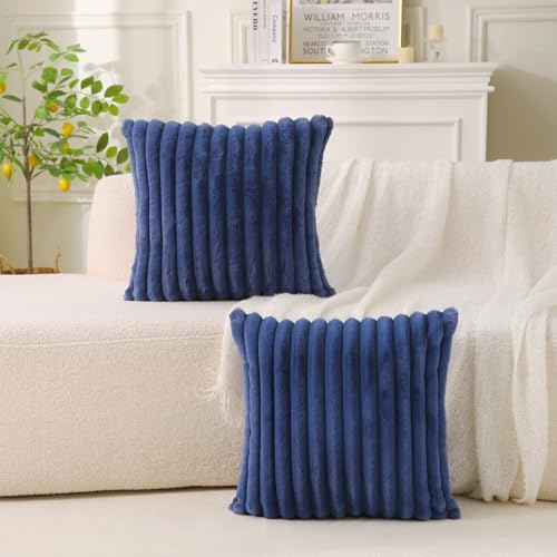 Decorative Throw Pillow with Inserts, Set of 2 Soft Faux Fur Throw Pillows, Square Boho Striped Pillow for Couch, Bed, Sofa Decor (Blue, 20" x 20"(Pack of 2))