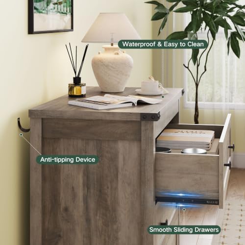 Farmhouse Nightstands Set of 2, Bedside Table with Drawers, Grey