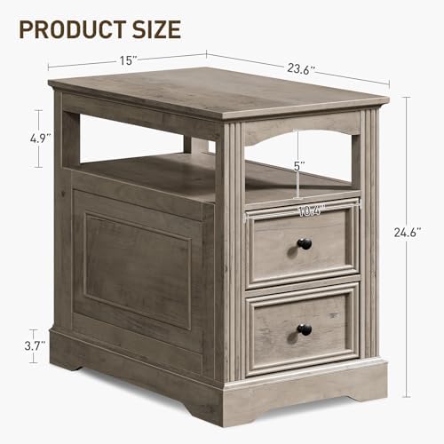 RALGEND Farmhouse End Table with 2 Drawers and Open Shelf, Greige