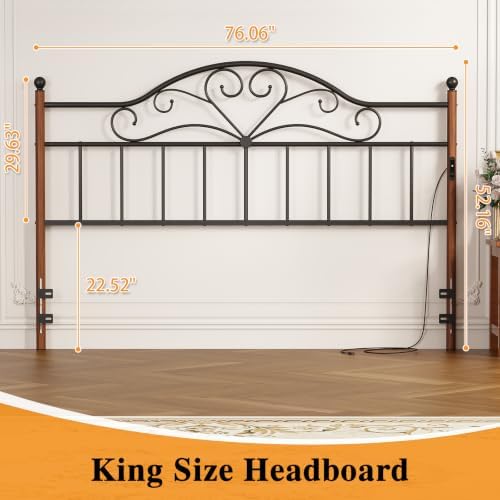 King Size Headboard with Charger Stations, Vintage Metal Headboard Only