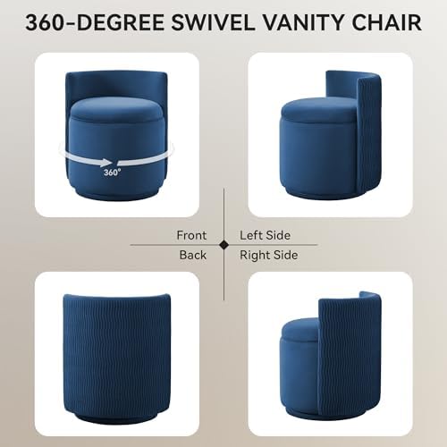 WUTUTUEE Velvet Vanity Chair with Storage, 360° Swivel Makeup Chair with Wave Back, No Assembly Small Accent Stool for Bedroom, Dressing, Living Room, Blue