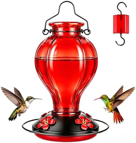 Glass Hummingbird Feeders for Outdoors Hanging, 24oz Wild Bird Nectar Feeder with Ant Moat and 360° Perch, Bee-Resistant Ports,Outside Garden Decor,Colorful Gifts for Women Mom, 1 Pack, Red