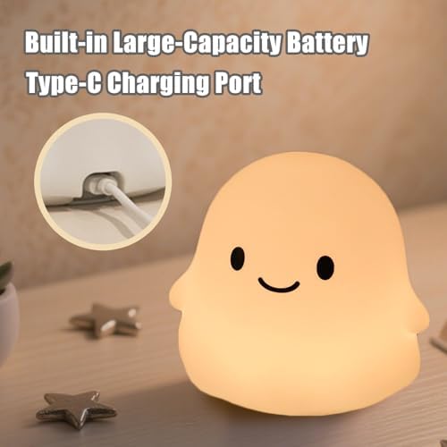 Ghost Night Light for Kids, Cute Squishy Silicone Ghost Lamp, 50-Hour Rechargeable Bedside Light with Tap Control, 2 Brightness Levels, 30-Min Auto-Off Timer, Halloween Gifts