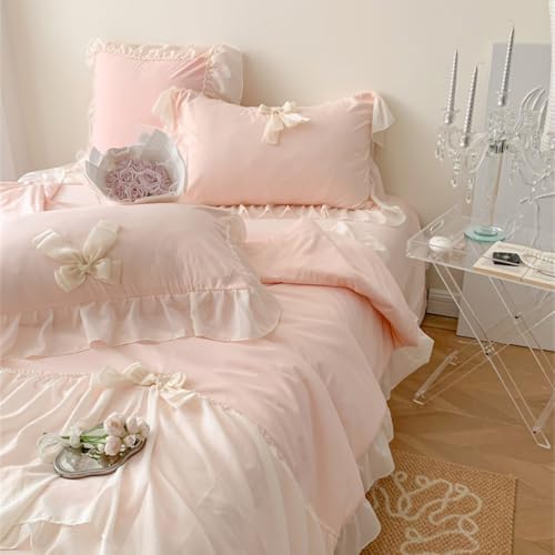 IHOUSTRIY Duvet Cover Twin Size, Ruffle Beddding Set with Bowtie, 2 Pieces Comforter Cover Set with Zipper Closure, Girl Princess Bedding with Pillowcase - Light Pink, Twin