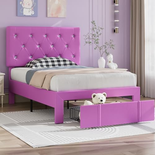 VECELO Twin Size Bed Frame with Storage Drawers, Leather Upholstered with Diamond Tufted Headboard, Solid Wood Slat Support, No Box Spring Needed, PU & Purple