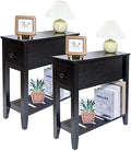 Narrow End Table, Black Couch Table with Drawer, Slim Bed Side Table for Small Space/Night Stand Set of 2, Side Table for Couch