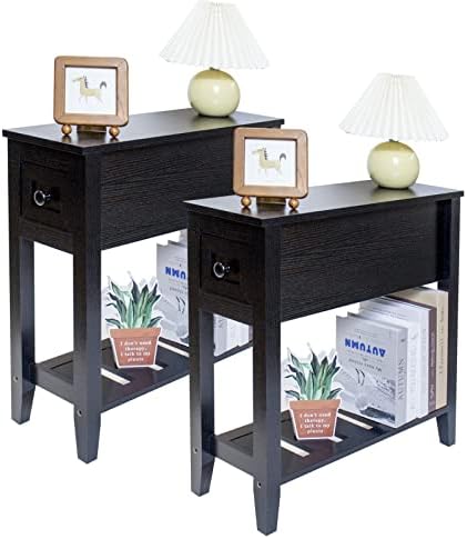 Narrow End Table, Black Couch Table with Drawer, Slim Bed Side Table for Small Space/Night Stand Set of 2, Side Table for Couch