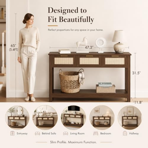 Luoxiao Console Table for Entryway with 3 Rattan Drawers Storage Open Shelf