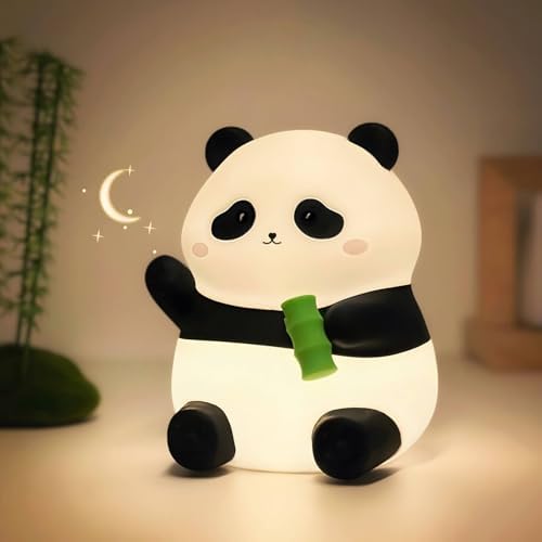 Panda Night Light for Kids, Cute Squishy Silicone Panda Lamp, 50-Hour Rechargeable Bedside Nursery Light with Tap Control, 2 Brightness Levels, 30-Min Auto-Off Timer, Gift for Toddlers