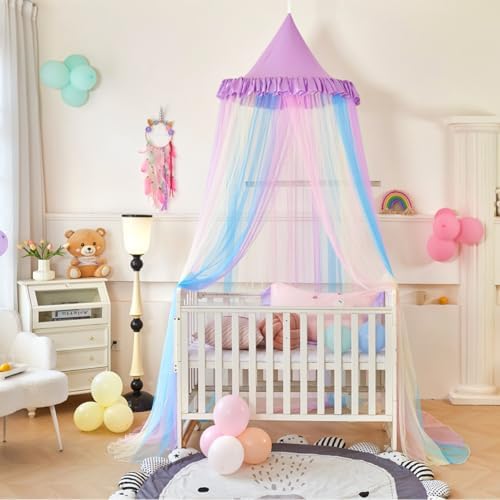 Kertnic Rainbow Bed Canopy for Girls Dreamy Mosquito Net for Bed Round Dome Princess Bed Canopy Girl Room Play Tent Canopy Bed Netting Curtains (Single Layer- Purple)
