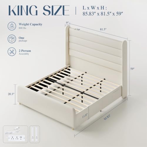 King Size Bed Frame with 59'' Tall Headboard with Readlight, White