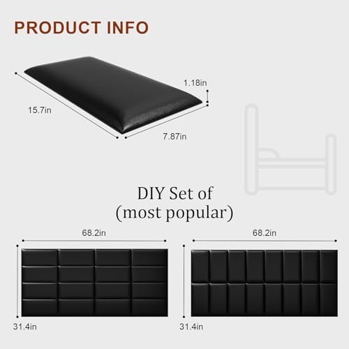 Peel and Stick Headboard Black Upholstered Wall Panels, 4 Panels Sized 7.8" x 15.7", 3D Anti-Collision Soundproof Self-Adhesive Wall Panel for Bedroom