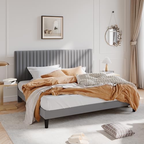 SHA CERLIN King Upholstered Platform Bed Frame with Vertical Channel Tufted Velvet Fabric Adjustable Headboard, Wooden Slats Support, Mattress Foundation, Box Spring Optional, Grey