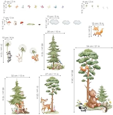 wondever Woodland Animal Tree Wall Decals Forest Bear Deer Wall Stickers