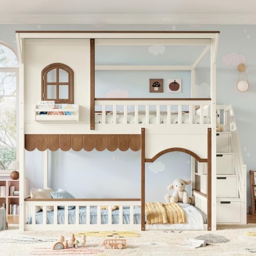 Full Over Full Size House-Shaped Wooden Bunk Bed with Window, Beige