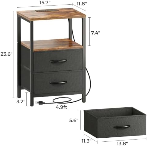 Huuger Nightstand with Charging Station, Side Table with Fabric Drawers