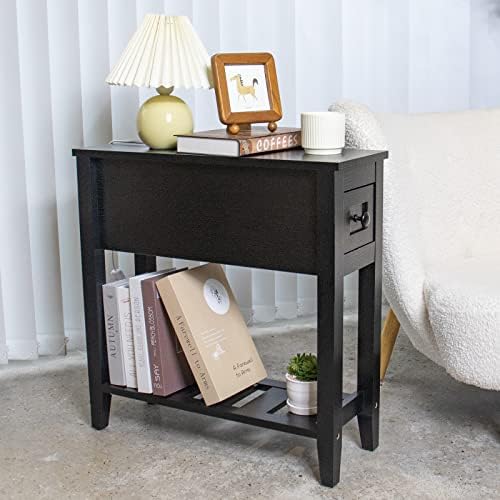 Narrow End Table, Black Couch Table with Drawer, Slim Bed Side Table for Small Space/Night Stand Set of 2, Side Table for Couch