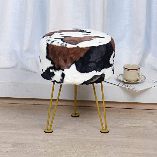 Cow Print Faux Fur Ottoman 13"x13"x17" Soft Fuzzy Entryway Bench Seat Round Sturdy Accent Ottoman Dorm Living Room Couch Vanity Shoe Stool Bedroom Closet Foot Rest with Golden Legs