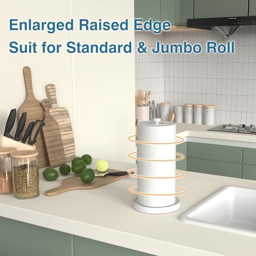 White Paper Towel Holder Countertop, White Kitchen Accessories Decor, Stainless Steel, Weighted Base, Paper Towel Roll Holder Stand with Ratchet Mechanism for Kitchen Bathroom Farmhouse Essentials