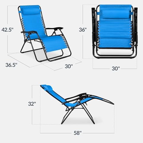 Best Choice Products Set of 2 Extra Wide Adjustable Steel Mesh Zero Gravity Lounge Chair Recliners w/Pillows and Cup Holder Trays - Light Blue