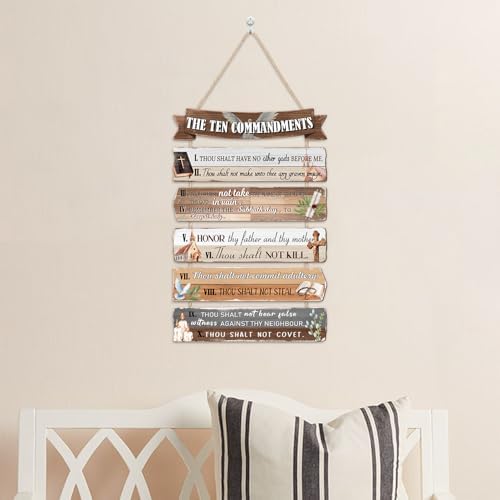 HLNIUC The Ten Commandments Wood Decor,Vintage Christian Wooden Hanger,Inspirational Bible Verse Hanging Signs,Religious Farmhouse Wood Wall Decor,Rustic Scripture Wall Wreath For Living Room Bedroom